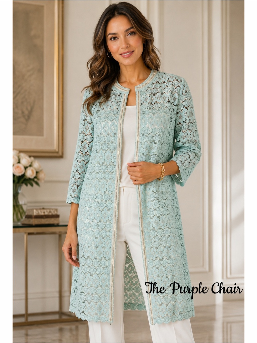 CARLISLE NWT Mint Guipure Lace Snap Button Longline Kimono Topper Jacket 12